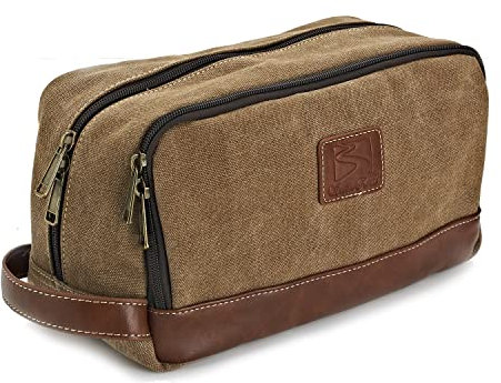 Seemeroad Trousse de Toilette en Toile pour Hommes et Femmes Sac de Toilette Kit de Rasage Cosmétique Organisateur avec Poignée pour Voyage Gym Business et Vacance (Marron, Grande)