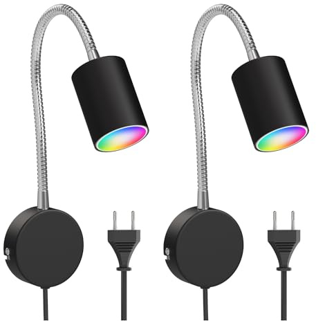 ledscom.de 2x Leselampe WAIKA mit Schwanenhals, Stecker, Schalter schwarz matt, inkl. Smart Home RGBW GU10 LED Lampe, 5,41W, 473lm