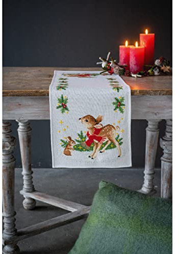 Vervaco Counted Cross Stitch Table Runner Small Deer with Rabbit Embroidery Complete Kit Adult Leisure Creative Home Decoration Manual Table Cadeou DIY ca. 32 x 84 cm Cross Stitch