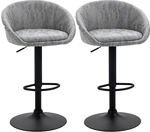 HOMCOM Modern Bar Stools Set of 2, Height Adjustable Swivel Chairs With PU Leather Upholstery, Backrest, Armrests and Footrest for Counter, Kitchen, Breakfast Area, Light Grey