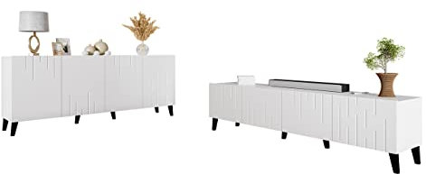 Wohnzimmer-Set Blegino I, Wohnzimmerschrank, Ohne Griffe, Kunststofffüße, im Set: TV Lowboard/Fernsehtisch mit 4 Türen, Kommode/Anrichte mit 4 Türen (Weiß)