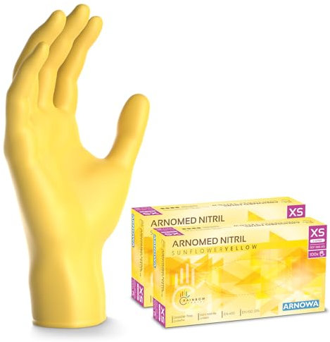 200x ARNOMED Einweghandschuhe Gelb (2x100 Stück), Einmalhandschuhe XS, Nitril Handschuhe Einweg, Nitrilhandschuhe puderfrei, Gummihandschuhe Einweg, Schutzhandschuhe, Handschuhe Nitril in XS, S, M, L
