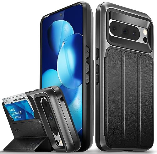 VENA vCommute Brieftaschen-Schutzhülle, kompatibel mit Google Pixel 8 Pro (2023), [Fallschutz in Militärqualität], Lederhülle, Kartenschlitz-Halter mit Ständer, Space Gray/Schwarz