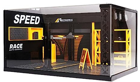 Amagogo 1/24 Simulation Garage Vitrine Display Querformat Modell mit LED Leuchten DIY Reparatur Werkstatt Modell für Tischplatte, Mit Brett