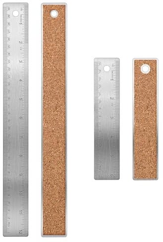 Lineal 2 Stück Kork Lineal Metall Edelstahl Lineal 15 cm Lineal 30 cm Metalllineal gerade Kante rutschfeste Metalllineale mit Zoll und Zentimetern für Schulbüro Zeichentechnik (15 cm + 30 cm)