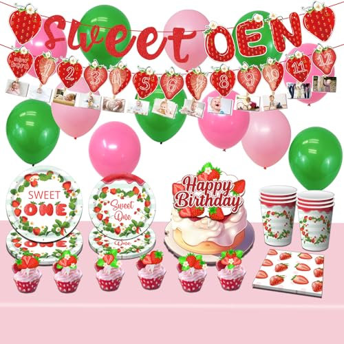 NYSLDSCO 101 Pcs Traje de fiesta de fresa, Fresas platos y vasos para cumpleaños,Mantel cumpleaños infantil,Platos cumpleaños rosa,Disponible para 16 invitados (01- CAOMEI A2)