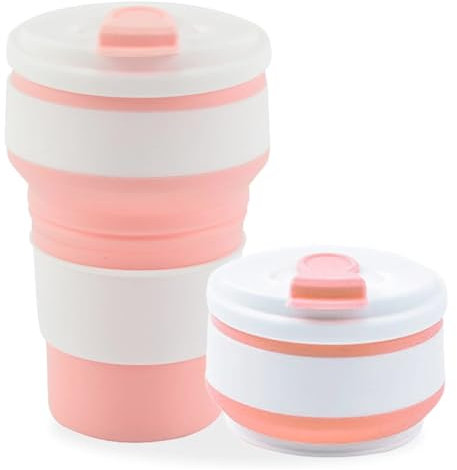 König Design Silikon Faltbarer Becher Mit Deckel (350 ml, BPA-frei),Wiederverwendbar Faltbar Reisebecher, Faltbare Becher mit Deckel Pink