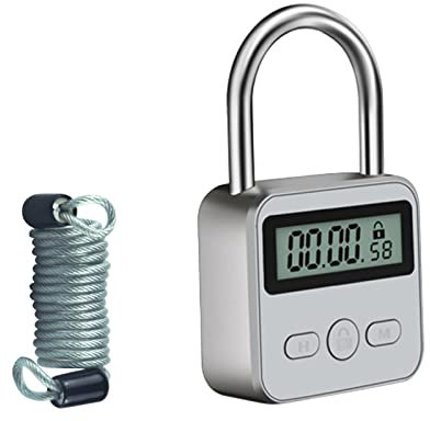 TenixLox Combination Lock, Metal Timer Lock,Timers,USB Rechargeable Time Timer Padlock with 1m Spring Rope,99 Hours Max Timing Self-Discipline Anti-Addiction Timed Padlock(Silver)