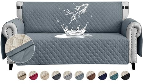 FIGOOO wasserdichte Sofabezug 3 Sitzer Dicke Sofaschoner Wasserdicht Reversible Gesteppte Sofa Überzug mit Seitentaschen Sofaüberwurf rutschfest Kratzfest für Haustiere Hunde Katzen,Graublau