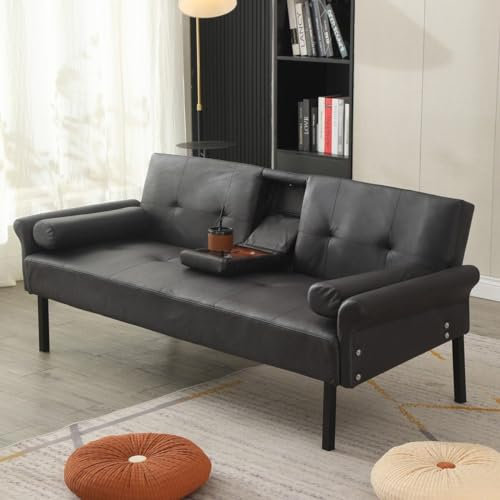 Panana Simple Fabric 3 Seater Click Clack Sofa Bed RECLINER Couch with Cups Holder and Armrest Metal Legs, Free Bolster Pillows, Black Artificial Leather