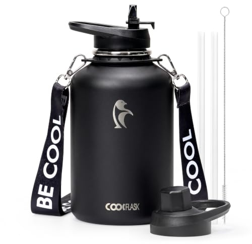 Coolflask 2l Insulated Water Bottle Stainless Steel with Strap | Large Water Jug with Straw & Spout Lids, Triple-Wall, Cold 48+h, Dishwasher Safe, Leakproof, BPA-Free, for Gym & Hiking