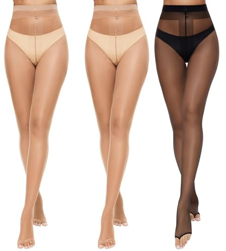 Yilanmy Lot de 3 paires de collants transparents sans orteils 10D à bout ouvert pour femme - Collants taille haute sans orteils, 2 paires naturel + 1 paire noire, Medium