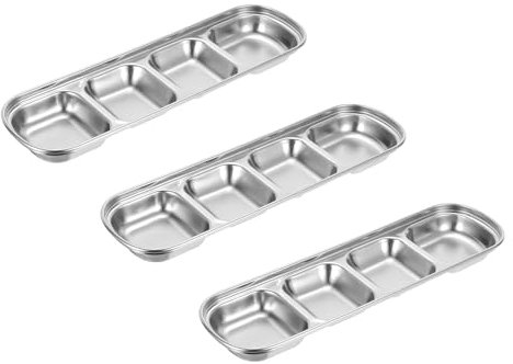 sourcing map 3 Pack Stainless Steel Sauce Dish Dipping Bowls with 4 Compartment Divided, Metal Seasoning Plate Dipping Bowl for Sauce or Dressing, Silver