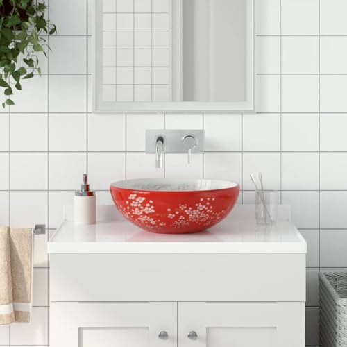 Home Outdoor Sonstiges Aufsatzwaschbecken weiß und rot rund 41x14cm Keramik