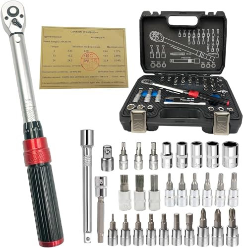 Beasert Drehmomentschlüssel Fahrrad, 32TLG 1/4 Zoll 2-24 Nm Steckschlüsselsatz, 72 Zähne Umschaltknarre, Präzisionswerkzeug inklusive 3/8 Adapter Innensechskant und Torx-Bits für MTB…
