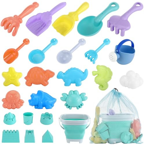 Auauraintt Jouet de Plage, 27 PCS Jouets de Sable de Voyage, Bac à Sable Jouets de Plage avec Seau Pliable Enfants Sac en Filet, Kit de Jeux Exterieur Enfant pour Enfants Garçons Filles