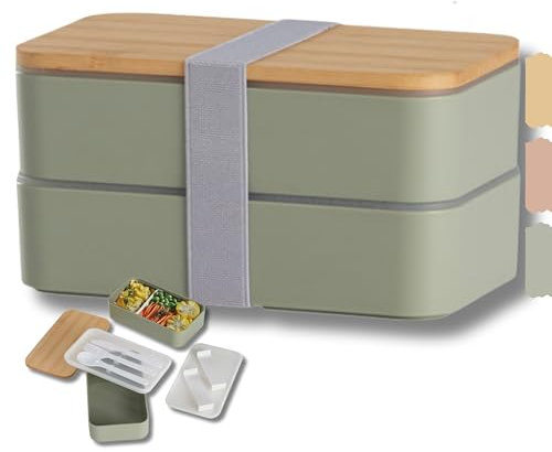 HAPPYCOSAS Bento Box Japanisch Erwachsene - Brotdose mit Fächern - Lunchbox ideal für die Arbeit - Bento-Box mit Bambusdeckel, elastischem Band und Besteck.