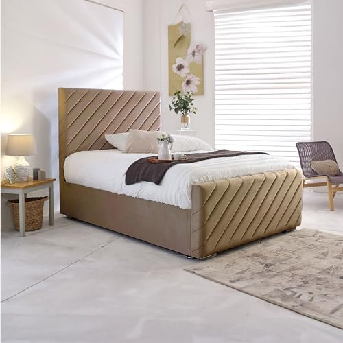 AL SULTAN Ottoman Double Storage Bed Frame Gas Lift Soft Plush Velvet Upholstered Beige Bed Frame With Headboard - 4FT Double (205cm x 138cm)