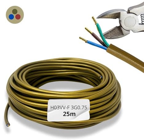 HALOTEC 25 Meter Elektrokabel 3 Adern 3x0.75 | Verlängerungskabel H03VV-F | Installationskabel | Stromkabel | PVC | Goldfarben | Rundkabel | Dreidrahtkabel