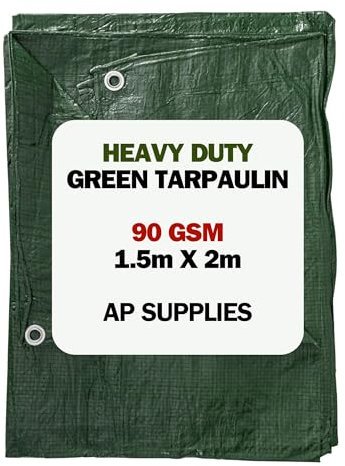 1.5m x 2m Green Tarpaulin Cover - 90gsm Thick - 5ft x 7ft Waterproof, Weatherproof, Frost-Resistant, UV Protection, Universal, Multipurpose, Groundsheet, Camping, Boating, Hiking Heavy Duty Sheet