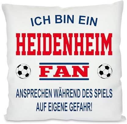 Fussball Kissen | Ich bin ein Heidenheim Fan - Ansprechen während des Spiels auf eigene Gefahr | Dekokissen für Fußballfans | Hülle und Füllung | 40cm x 40cm | mit Wunschtext auf der Rückseite