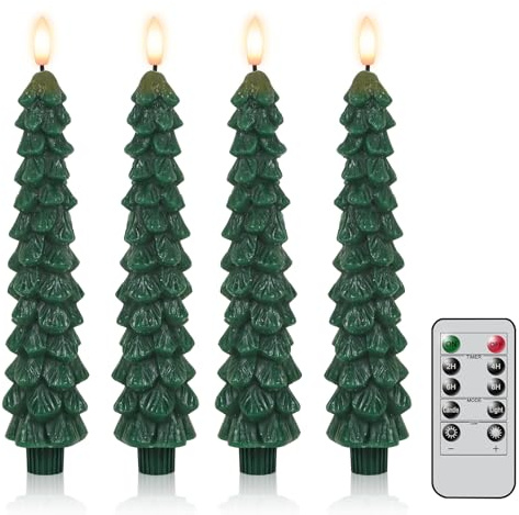 Wondise Velas sin llama para árbol de Navidad con control remoto y temporizador, cera real, funciona con pilas, mecha LED 3D, velas cónicas sin llama para decoración navideña (4 piezas de 0.8 x 9.8