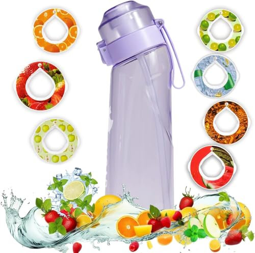 LIVERO Botella de agua de aire con cápsulas de sabor perfumado, juego de iniciación de 650 ml, botellas sin BPA con 7 cápsulas de frutas perfumadas con 0 calorías de azúcar, taza de agua con popote
