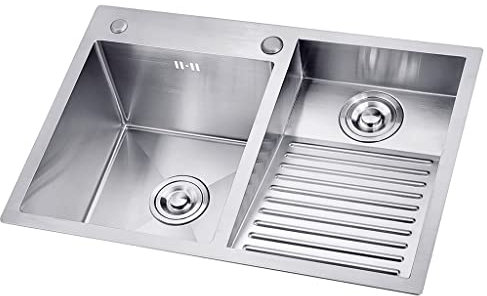 Lavandino a doppia vasca in acciaio inox 304 con lavatoio integrato e kit di scarico per lavatrice, balcone, negozio, profondità 22 cm, dimensioni 90 cm (destra)