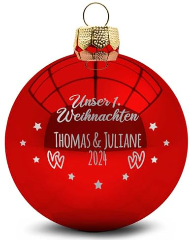 GRAVURZEILE Weihnachtskugel mit Gravur - Unser erstes Weihnachten - Personalisiert mit Namen & Jahr - Festliche Christbaumkugel für Paare als Weihnachtsdeko - Farbe: Rot Glänzend - Größe: 8 cm