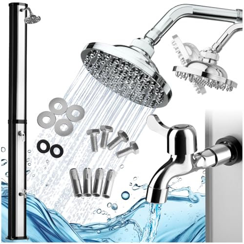 tectake® Solardusche 35 Liter, Gartendusche Regenduschkopf und Wasserhahn, warmes Wasser für Garten, als Campingdusche, Pooldusche Gartenschlauch-Anschluss, solar Shower Aussendusche - schwarz/Silber