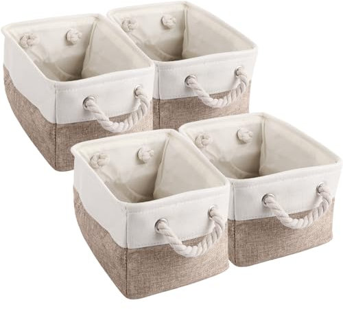 LOPYXBR Fabric Storage Boxes, 4PCS Foldable Storage Box for Shelves, Fabric Storage Baskets with Rope Handles for Shelves, Wardrobe, or Home Organisation (31x21x16CM, 10L, White & Khaki)