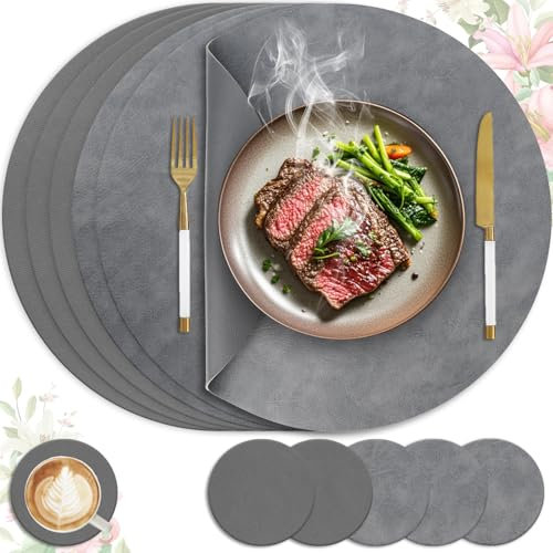 Set di 6 tovagliette in finta pelle, lavabili e impermeabili, effetto pelle, con sottovaso, antiscivolo, rotonde, grigie e grigio scuro)