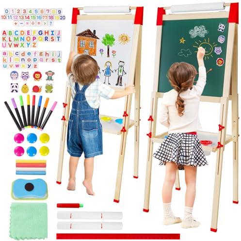Kinder Staffelei Holz Kindertafel mit Papierrollenhalter Doppelseitige Kinder Spiel-Tafel aus Holz Kreidetafel und Whiteboard für Jungen Mädchen