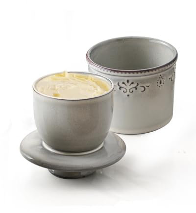 HOME DECOR Reactive Glaze Butter Crock,French Relief Butter Dish with Water Line,Butter Keeper for Fresh Spreadable Butter-Flecked Grey