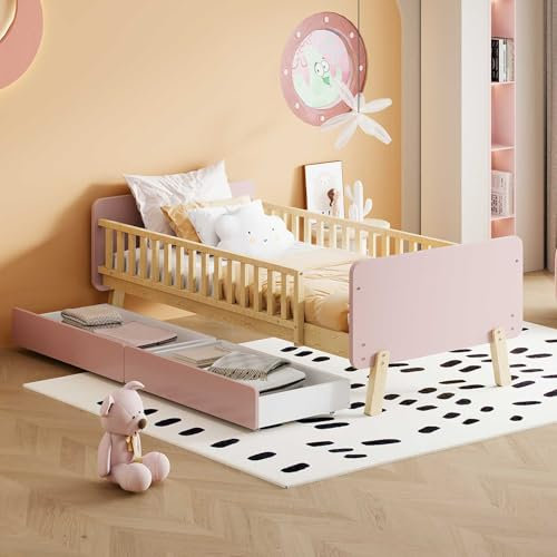 YEHTOKHOME Lit d'enfant 90x190cm Multifonctionnel avec 2 tiroirs,lit en Bois Massif avec sommier à Lattes,Simple de Style Moderne(sans Matelas) (Rose)