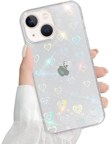 QUESPLE Kompatibel mit iPhone 13 Mini Hülle Transparent Glitzer Herz Muster für Frauen Mädchen Mode Weiche Langlebige Schlanke TPU Handyhülle, Hart PC Rückseite Kratzfest