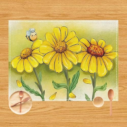 Tovagliette Americane Lavabili Fiori Verdi Gialli Tovagliette Colazione Cena Pranzo Sottopiatti Lino Resistenti al Calore Antiscivolo Tovaglietta Colazione Set di 8(45x30cm)