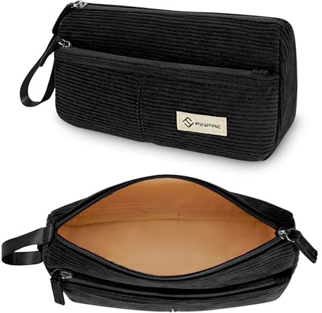 FINPAC Federmäppchen Pencil case, Cord-Stoff Mäppchen mit Handschlaufe Große Kapazität Federtasche Schulmäppchen Schreibwarenbeutel Bleistiftbeutel Stiftetasche für Schule Büro (Schwarz)