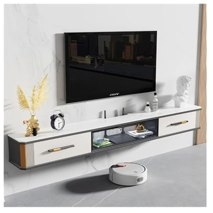 Floating Shelves Floating TV Unit Under TV with Large Storage Space, Modern Luxury Floating Media Console with Glass Flip-down Door and Rock Plate Desktop, 4 Colors Wall Mounted TV Cabinet(White,180x2