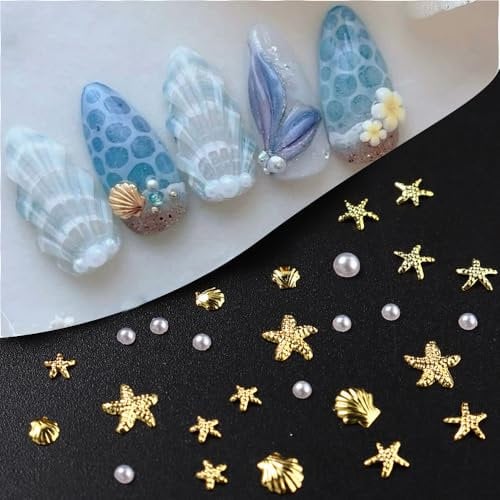 Ocean Themed Nail Charms,About 600Pcs Mixed Starfish Seashell Nail Rhinestones Gems with White Half Round Pearls for Nails,Summer Manicure Decorations Nail Art Studs for Women DIY Accessories Decor