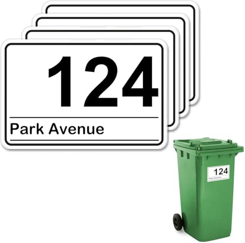4 x Customised Wheelie Bin Number and Address Stickers Self Adhesive with Personalised House Number and Street or Road Name Waterproof and Weatherproof Custom Bin Sticker 10x15cm (Option 06)