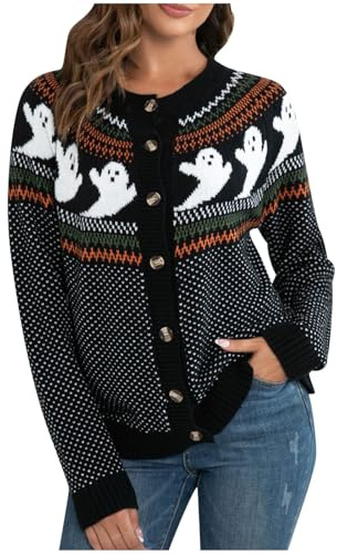 Strickjacken Für Damen Retro Halloween Geister Cardigan Jäckchen mit Knöpfe Weiche Bolero Strickmantel Jacke