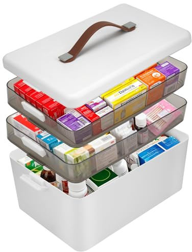 JIVIMOCO 3-stöckige Medizinbox Tragbar,Extra Große Kapazität Medikamenten Aufbewahrung mit Lederhenkel,Hausapotheke Box Groß,Multifunktions Medizin Organizer für Familie Erste Hilfe, 34 * 24.5 * 22cm