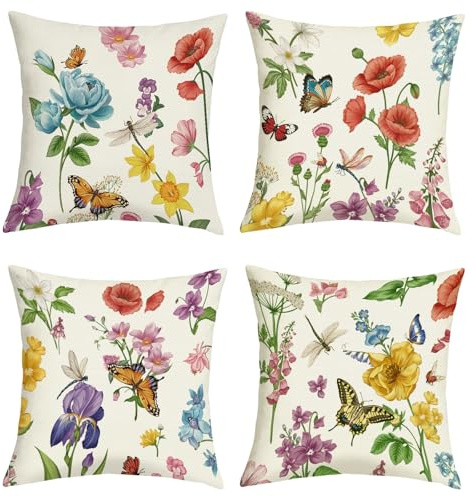 Joymaison Kissenbezüge 45x45 4er Set Sommer Blume Schmetterling Iris Garten | Deko Kissenhülle Frühling Bauernhaus Mohnblumen Blumen Libelle Outdoor Dekorative Kissenbezug Kissen für Couch Sofa