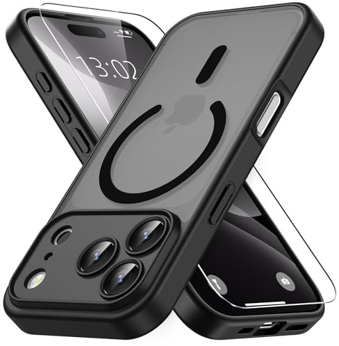 Vansdon Magnetisch für iPhone 17 Pro Hülle mit 1 Schutzglas, Kompatibel mit Magsafe, Fallschutz nach Militärstandard, Transluzente Matt Rückseite Stoßfeste Handyhülle für iPhone 17 Pro Hülle-Schwarz