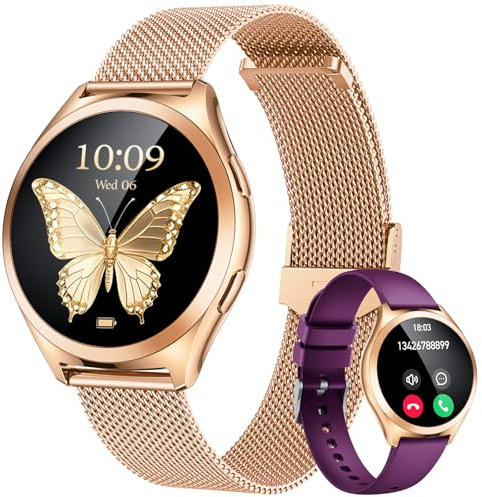 Gold Smartwatch Damen Armbanduhr Rund: Smart Watch Damen Metallarmband mit Telefonfunktion Schrittzähler Schlafmonitor Herzfrequenz Blutdruck Wasserdicht 1,27 Klein Duenn Touchscreen Sport Fitnessuhr
