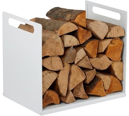 Relaxdays Kaminholzregal, Metall, modern, HBT: 35x40x30 cm, Brennholzregal für Feuerholz, Stapelholz & Brennholz, weiß