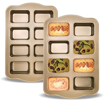 Gurlideo Mini moldes para hornear pan, lata de brownie de 8 cavidades, juego de sartenes de plátano pequeño, dorado, paquete de 2