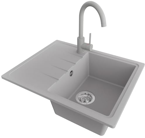 PRIMAGRAN Granitspüle ab 40er Unterschrank + Küchenarmatur, 62x50cm | Set: Küchenarmatur BW5010 + Ablauf-Set (Siphon, Ablaufgarnitur, Überlauf) + Spülbecken 1 Becken - Mailand, Grau