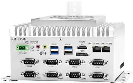 MNBOXCONET Industrie Mini PC Core i7 1255U, Micro Embedded PC Server 8GB RAM 256GB SSD, 2 x i210AT GbE LAN, 8 x RS232/485 COM Rugged Fanless Design for Auto Power On, DC 9-36V Power Input